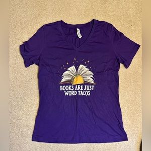 Books are just word tacos v neck t shirt purple new Bella + canvas size small